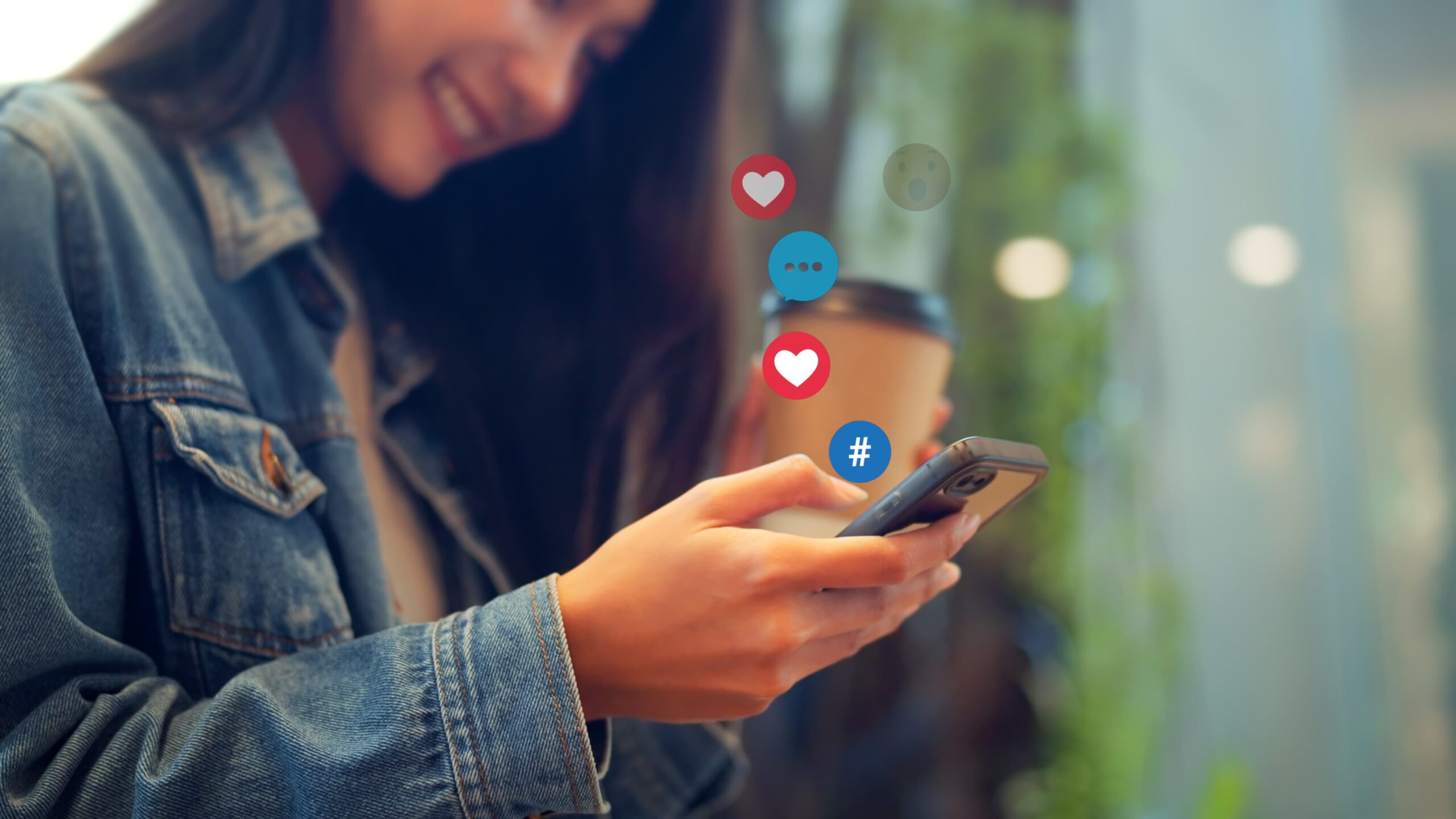 A phone screen with a social media feed in a clean, modern setting